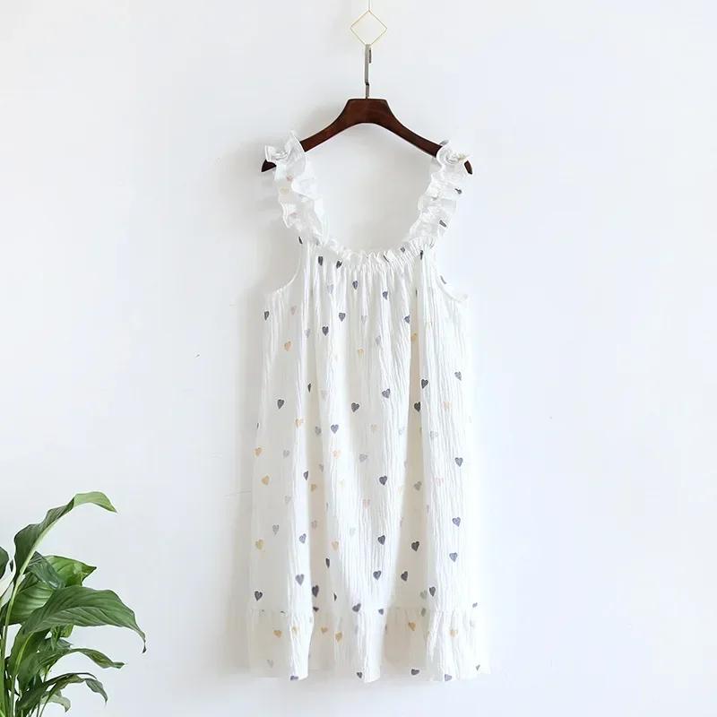 Ladies Summertime Cotton Yarn Pure Cotton Thin Suspender Nightdress Loose Mid-length Sweet and Lovely Long-cut Home Dress Camisola Sexy