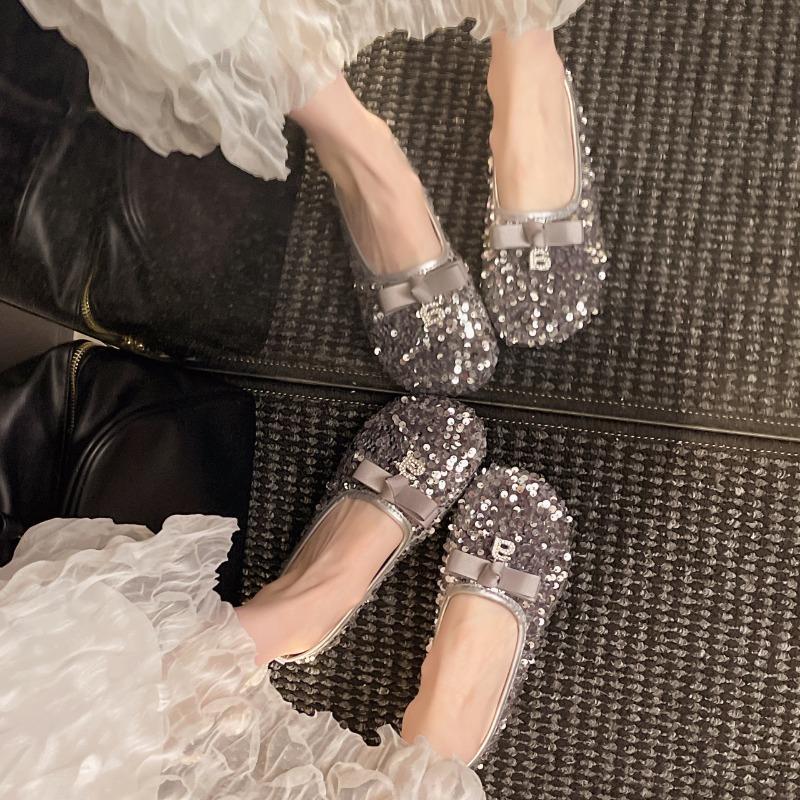 Fashion 2025 Shiny Sequin Slippers Women's Retro Style Flat Bottom Butterfly Knot Casual Summer Sandals Half Slip On Shoes