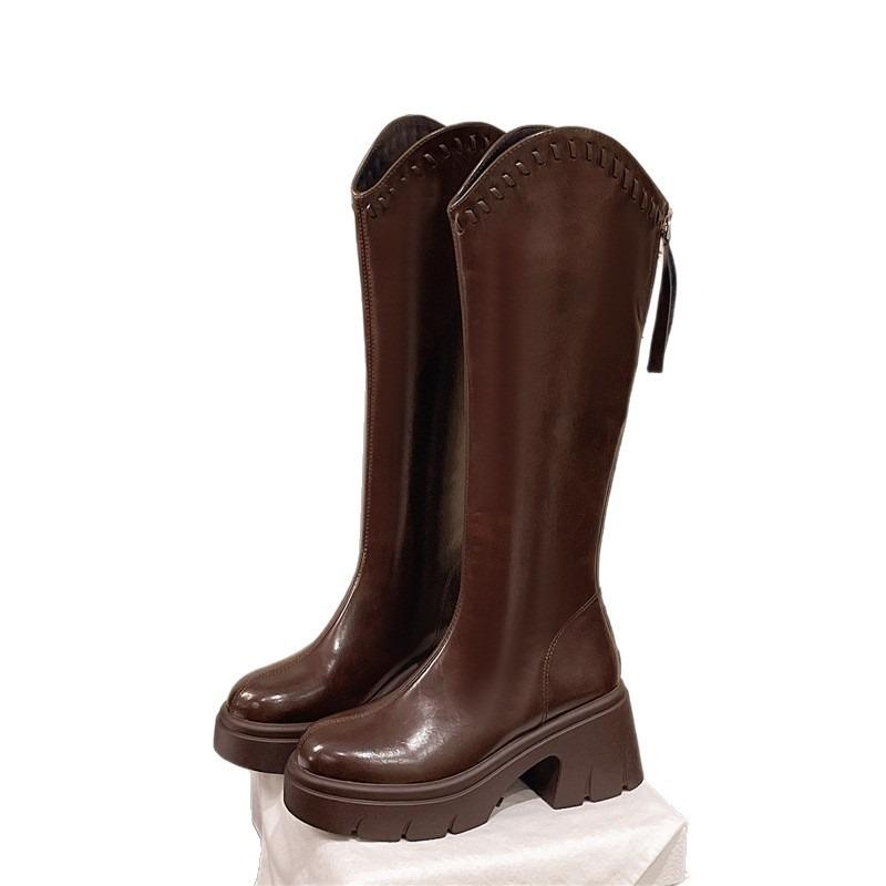 Cowhide version, brown boots for women, thin but knee boots, thick-soled heightening, small knight boots, thick-heeled high boots.