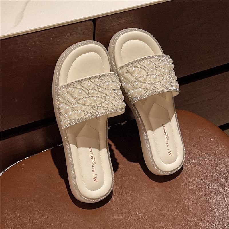 

Fairy style home versatile pearl cool slippers women s summer wear 2025 new fashion flat bottom one-word 40 бежевый