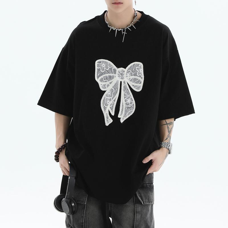 

INCERUN Мужские свободные топы с коротким рукавом, летние футболки с бантом и круглым вырезом XL чёрный