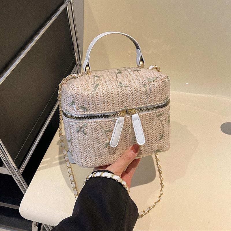 

Модні солом яні сумки з ручкою зверху для жінок Повсякденна універсальна сумка через плече з ланцюжком Літні сумки-відра