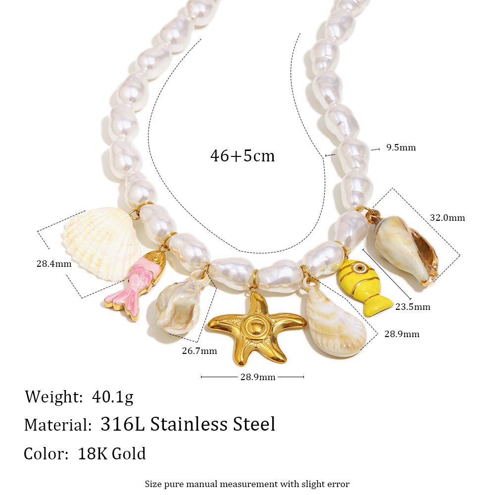 MamacitaSlay 316L Stainless Steel Ocean Series Flower Pearl Necklace 18K Gold Plated Waterproof Jewelry Vacation Party Necklace