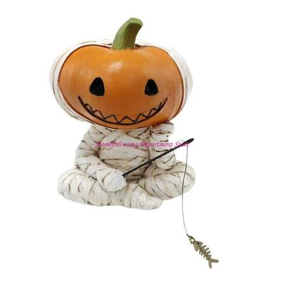 Eerie Halloweens Fishing Pumpkin Resin Statue Handmade Festival Decoration For Study Room