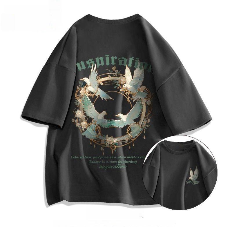 Short-sleeved T-shirt Men s Summer New Trendy Brand American Green Top Loose Cotton Half-sleeved Trendy L серый