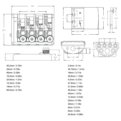Easy-to-Install Headless Bass Bridge for 4 Strings with Replacement String Locks (Silver)