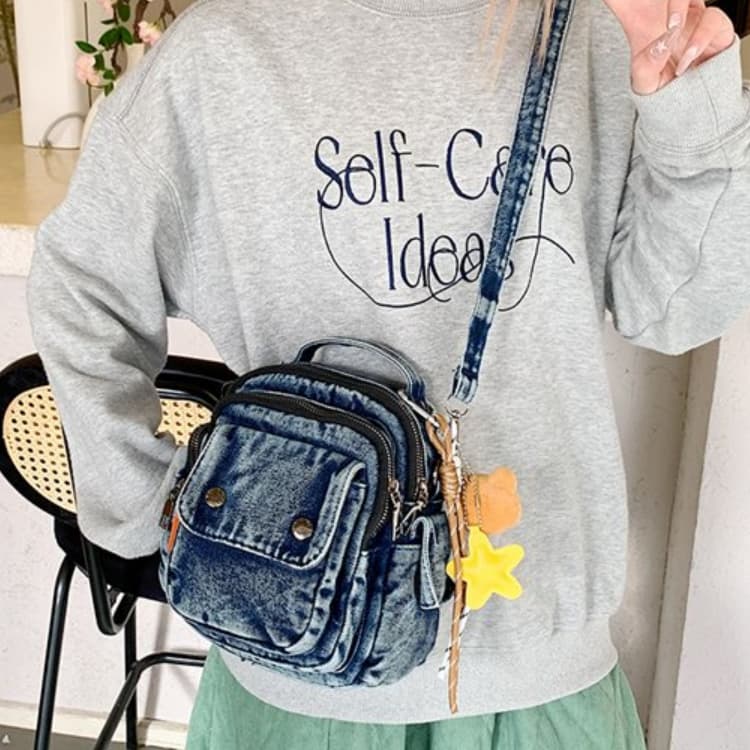Retro Washed Old Denim Mini Messenger Bag