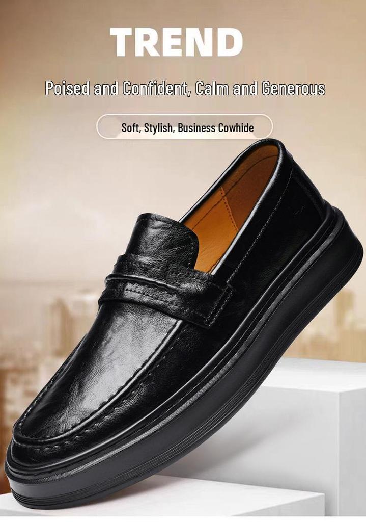 2450 Men's Slip-On Leather Loafers, Thick Sole, Casual, Low-Top, Large Size, Handmade Cowhide, Spring Shoes