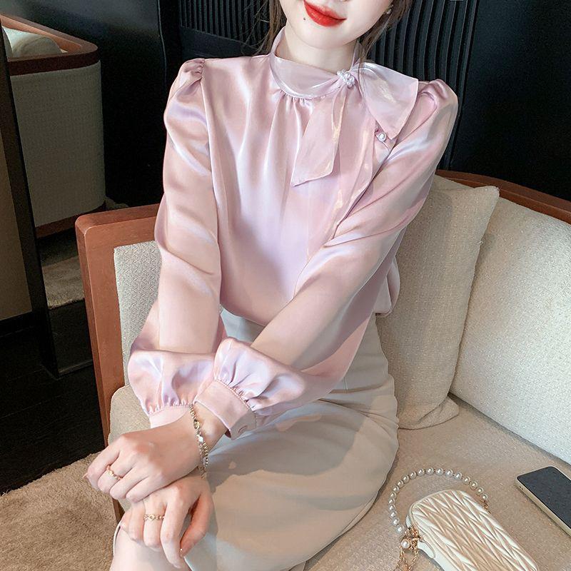 Women's French Bow Chiffon Blouse - Elegant Long Sleeve Top for Spring and Autumn.