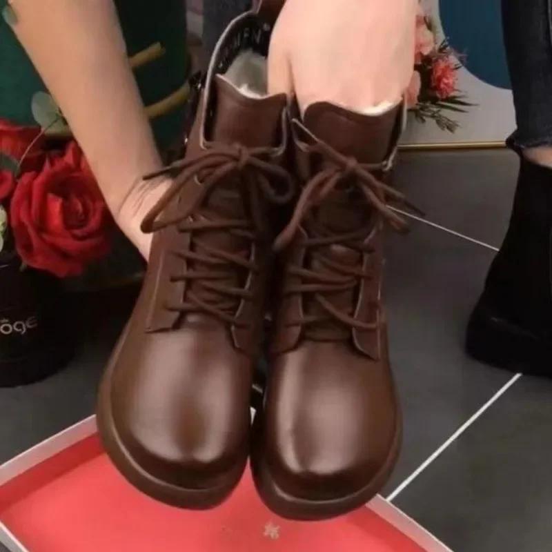 Buty Śniegowe Platformy dla Kobiet Skórzane Wysokie Obcasy Ciepłe Pluszowe Sznurowane Zapinane na Zamek Buty Chunky Damskie Duży Rozmiar Botki
