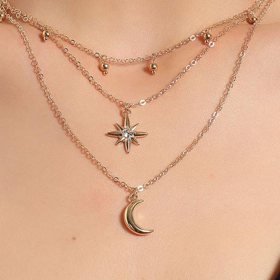 Multi-layered Rhinestone Choker Necklace Metal Crescent Moon Studded Bell Necklace Crystal Choker Diamond Charm Necklace Sweater Chain for Women