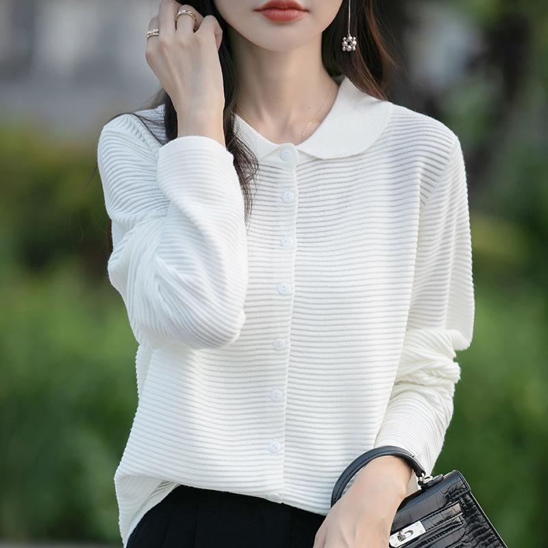 Autumn Women's Cardigan Doll Collar Knit Long Sleeve Loose Solid Colour Sweater Top