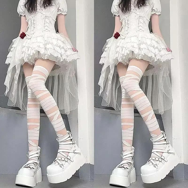 Ultrathin Women Spicy Girl Bandage Stripe Long Stockings Female Japanese Lolita Jk Y2k Sexy Summer Cross Tube White Stockings