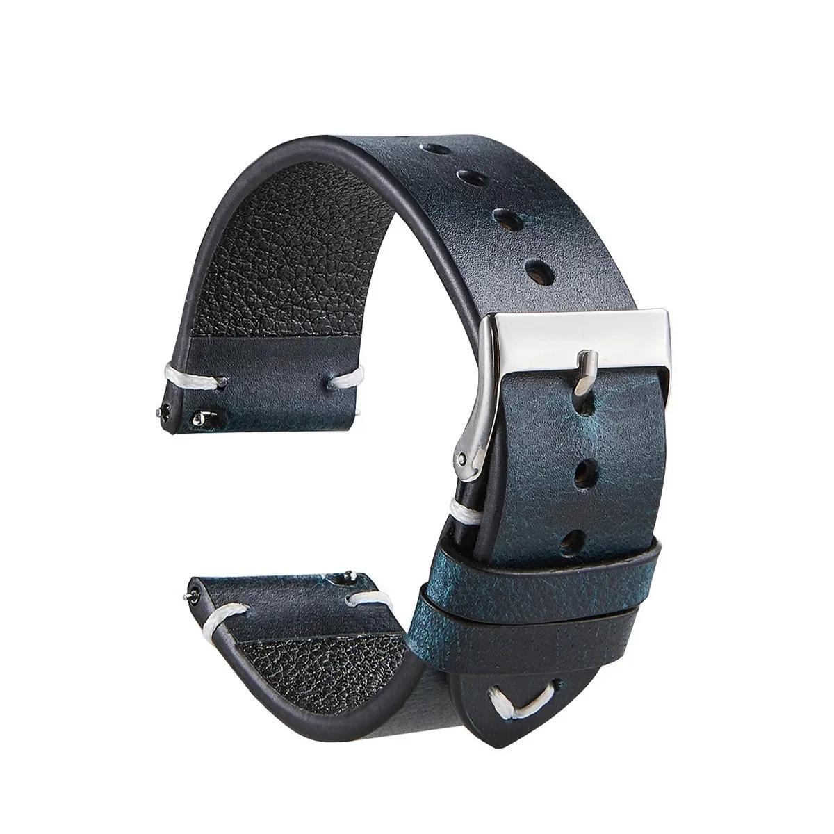 

High Quality Vintage Oil Wax Colored Cowhide Watchband for Seiko Leather Straps 18 20 22mm Quick Release Waterproof Bracelet 22mm синій
