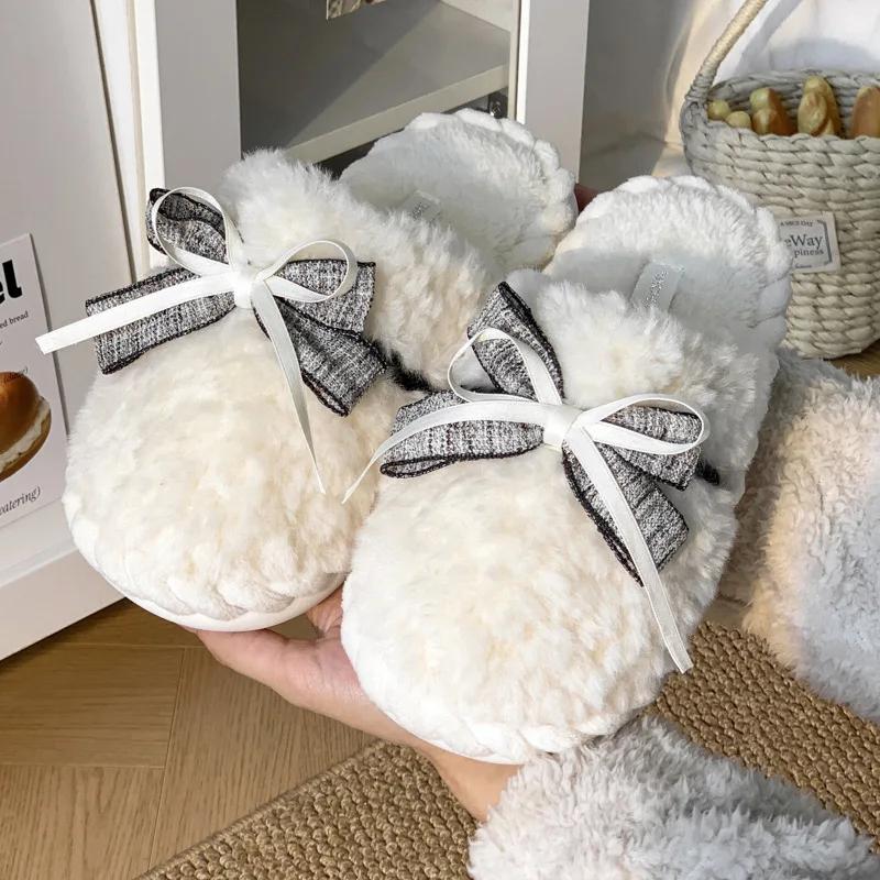 Fashion Casual Fluffy Slippers Women House Fashion Bowknot Designer Shoes Girls Home Popular Winter Warm Elegant Footwear Indoor Flats