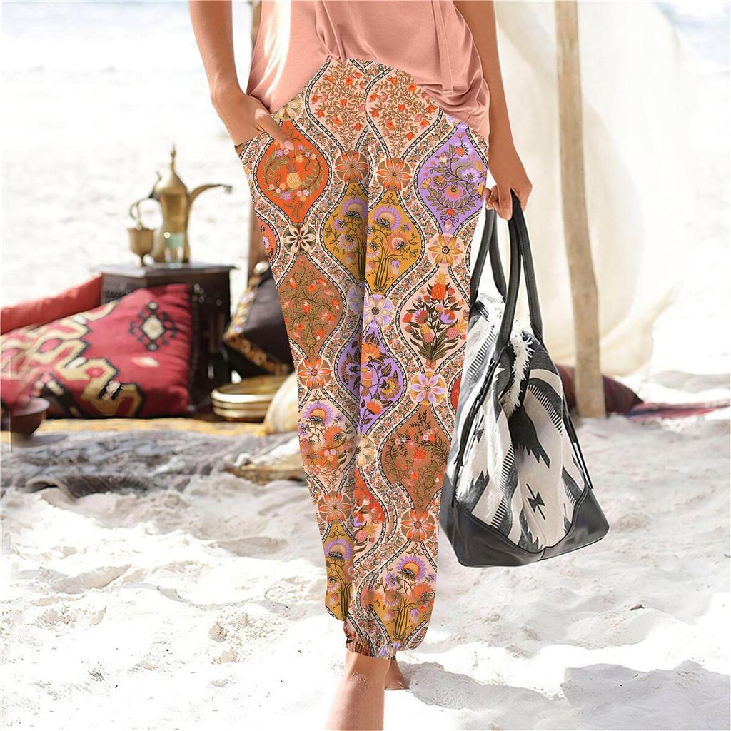 Damskie letnie spodnie z elastycznym pasem i luźnymi spodniami z szerokimi nogawkami