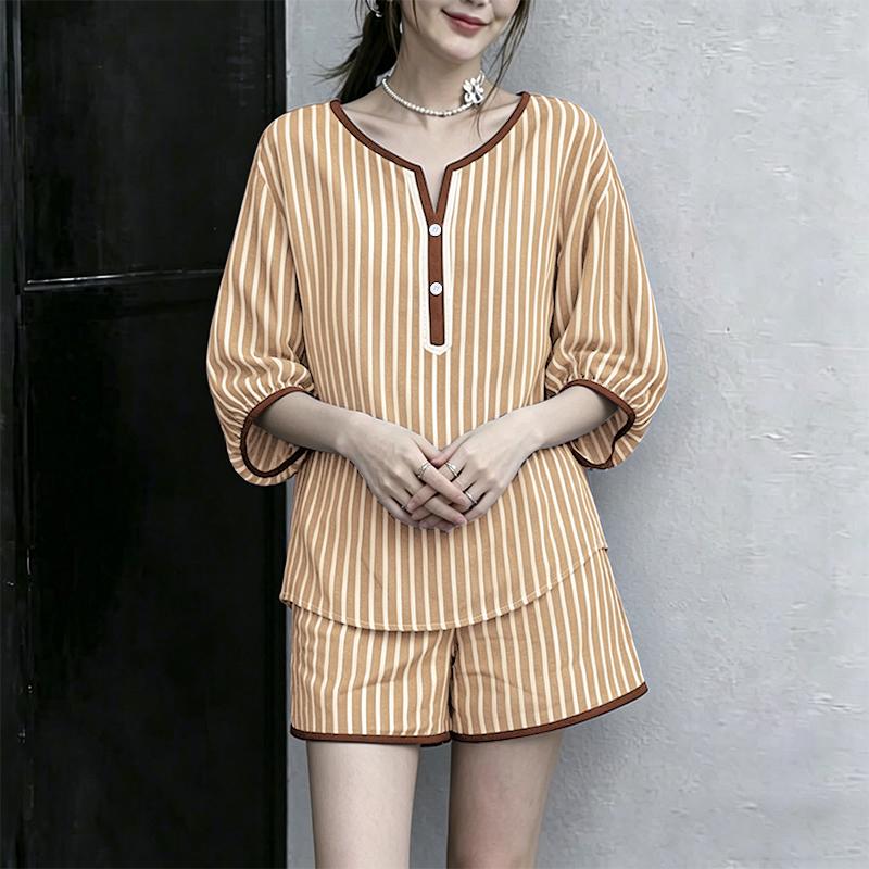 

ZANZEA Women V-neck 3/4 Sleeve Blouse and Shorts Casual Stripe Print Two Piece Suit Sets 2XL