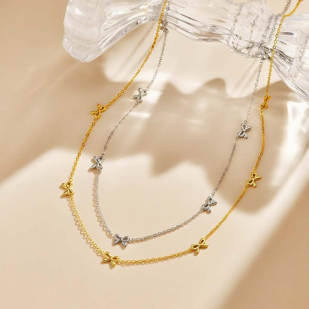 Minimalist Stainless Steel Necklace with 7 Bowkonts,Waterproof Flat Rolo Chain Bow Necklaces,Classic Jewelry Gift