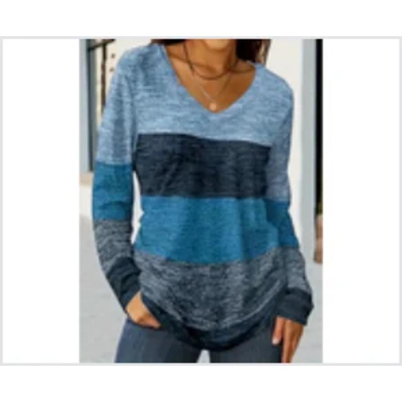 

Женская футболка больших размеров на все сезоны, модная, с V-образным вырезом, с цветными блоками, женский полосатый топ с длинным рукавом, удобная одежда XS