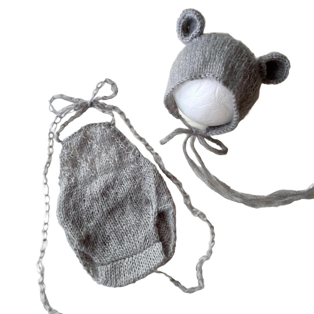 Newborn photo outfit set for bear ear bonnet hat and mohair for months [NANA's shop] babies, romper, material, 0-6 (gray)