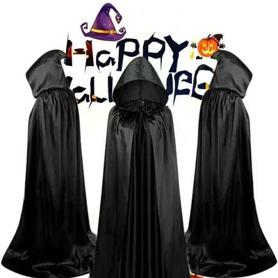 Grim Reaper Black Satin Hooded Cloak Halloween Costume for Adults