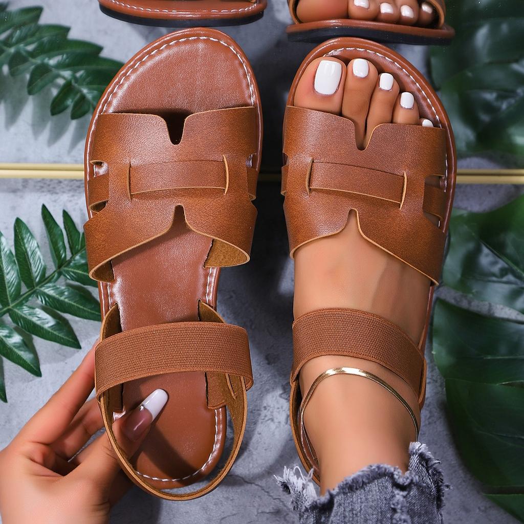 Fashion Women Sandals Comfortable Luxury Ladies Shoes Fashionable Open Toe Women Sandals Beach Shoes Round Toe Elastic Band Flat