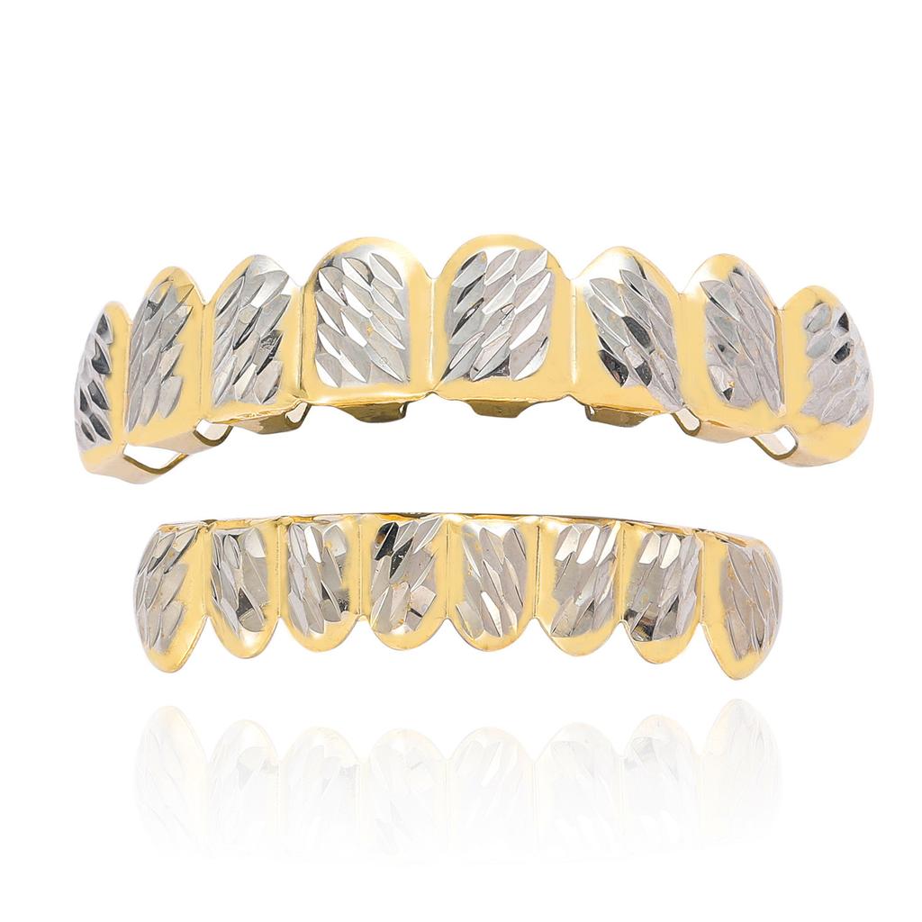 Hip Hop Smooth Textured Teeth Grills Gold Sets Fashion Body Jewelry 8 Teeth Top Bottom and Tooth Body Chain Gold Grillz Set