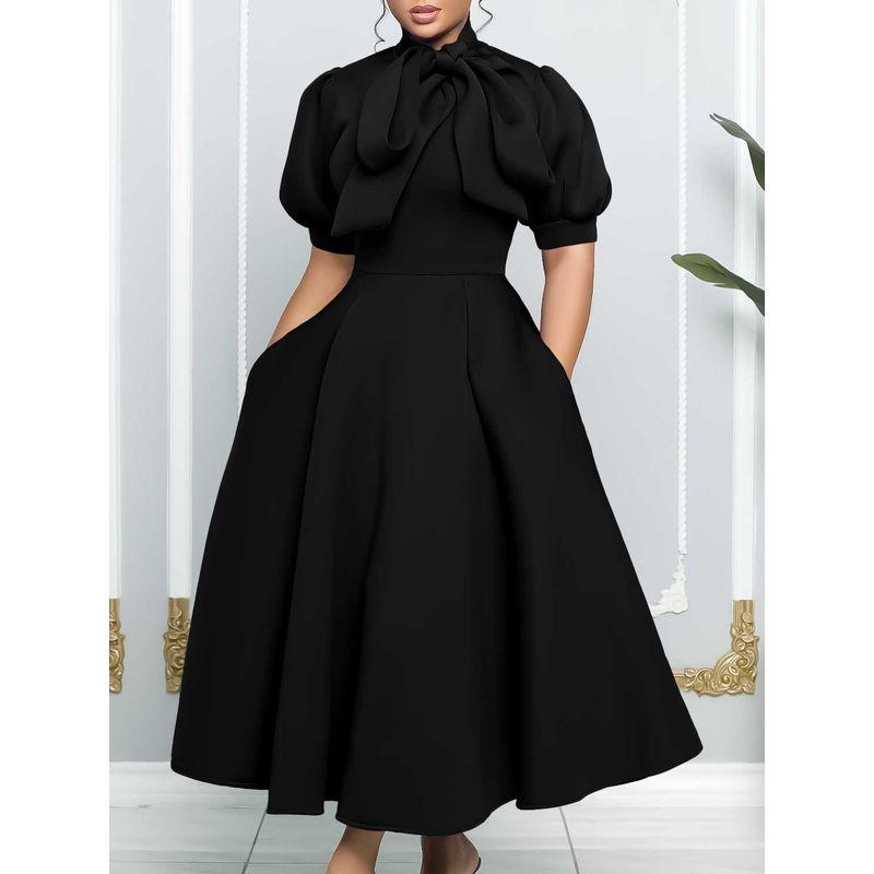 Temperament Long Dress Short sleeve Lace-up Bow Puffy Banquet Formal Dress European and American Dress