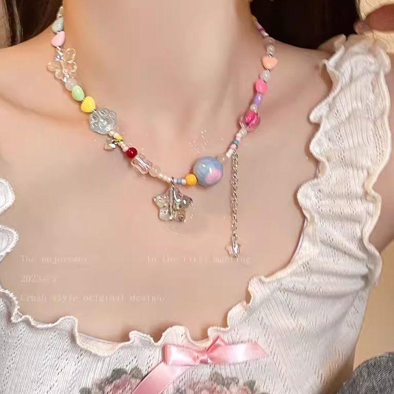 Candy Sweetheart Colored Bow Tassel Necklace Women's Niche Design Accessories Sweet Cool Spice Girl Collarbone Chain