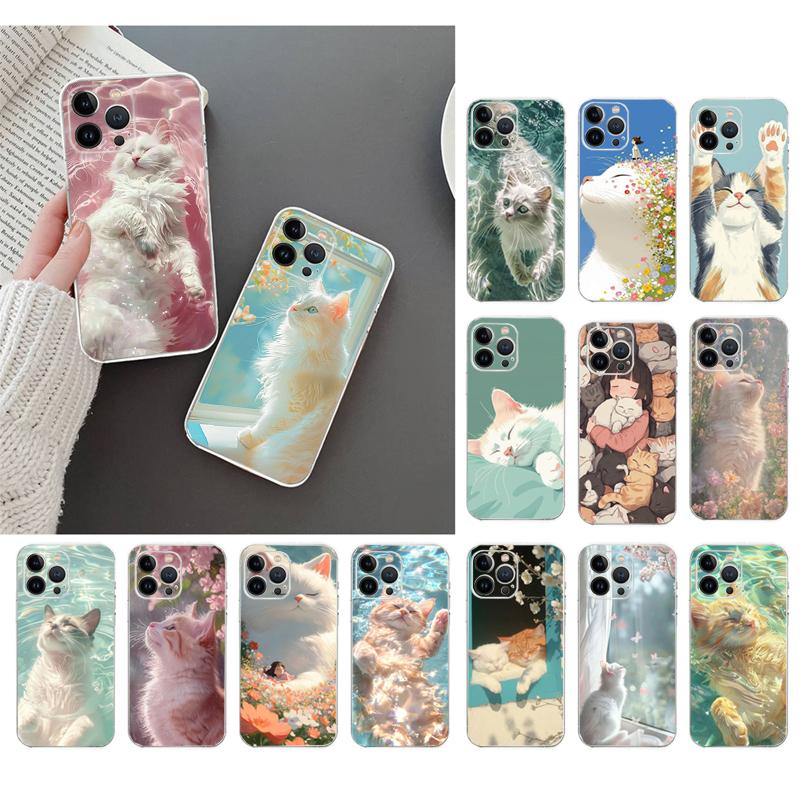 Cute White Cat Phone Case For iPhone 17 Pro Max Air 17 16 15 14 13 Pro Max 15 16 Pro 15Plus Silicone Cover