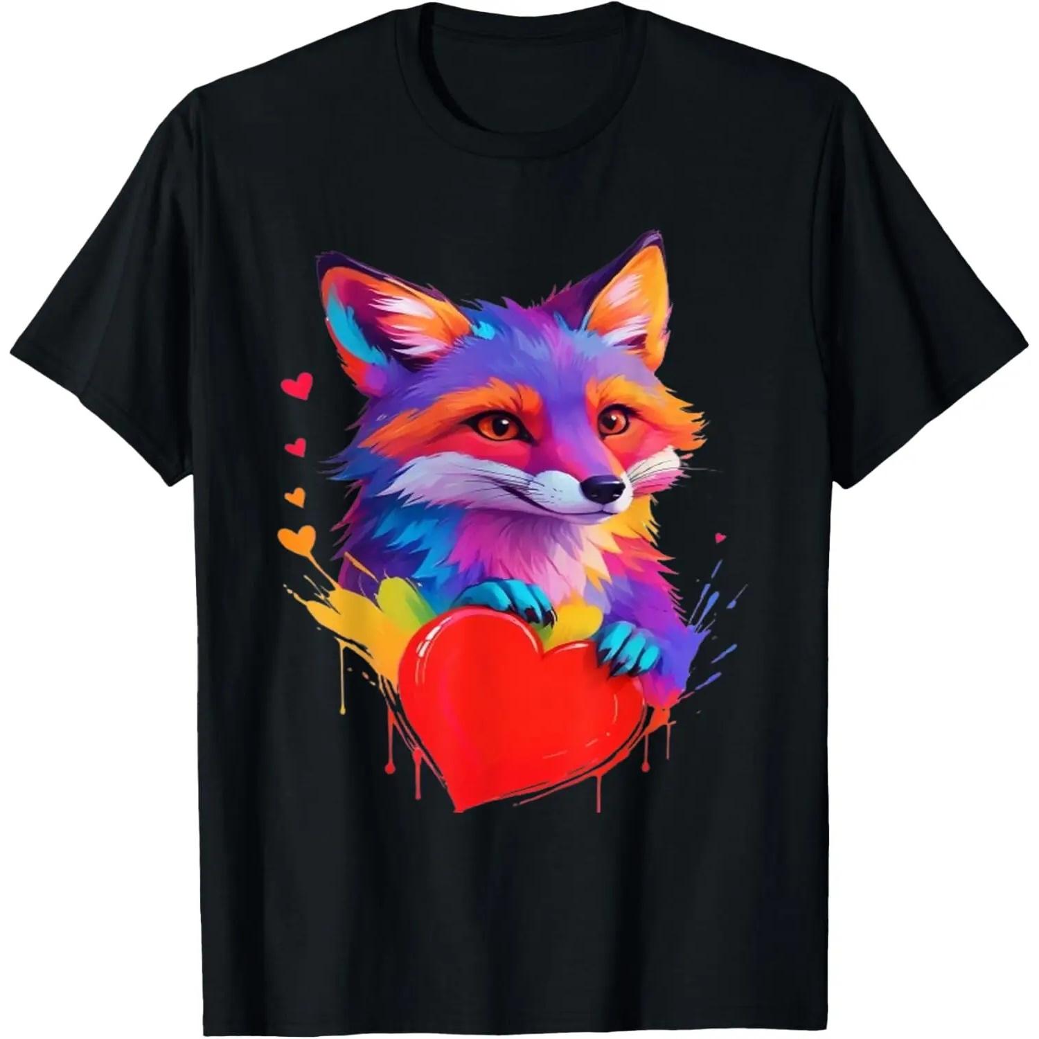 Fox Shirt - Colorful Head Fox Heart Graphic T-Shirt S чёрный