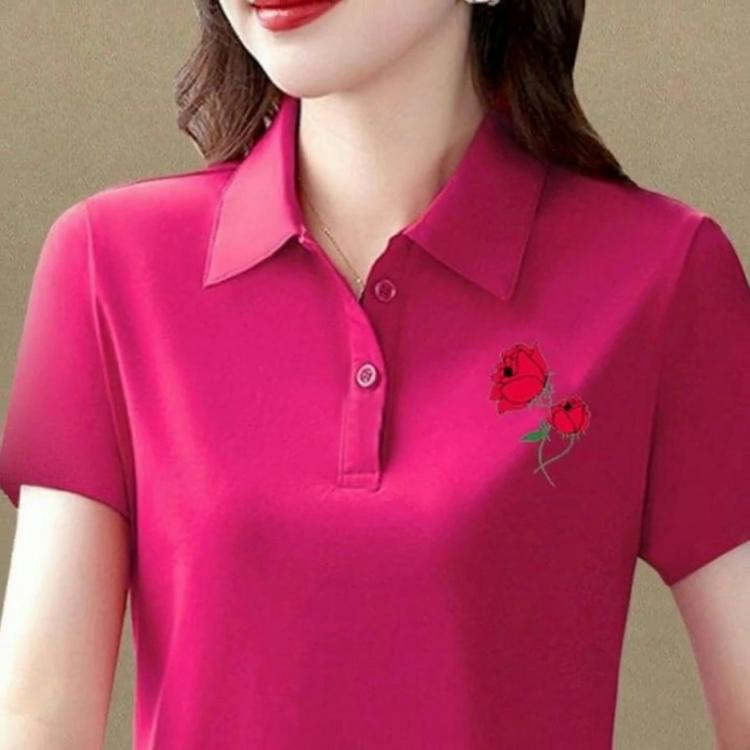 Women Fashion Short Sleeve Floral Print Tees Elegant Collar T-shirt Summer Casual Slim Button Basic Tops