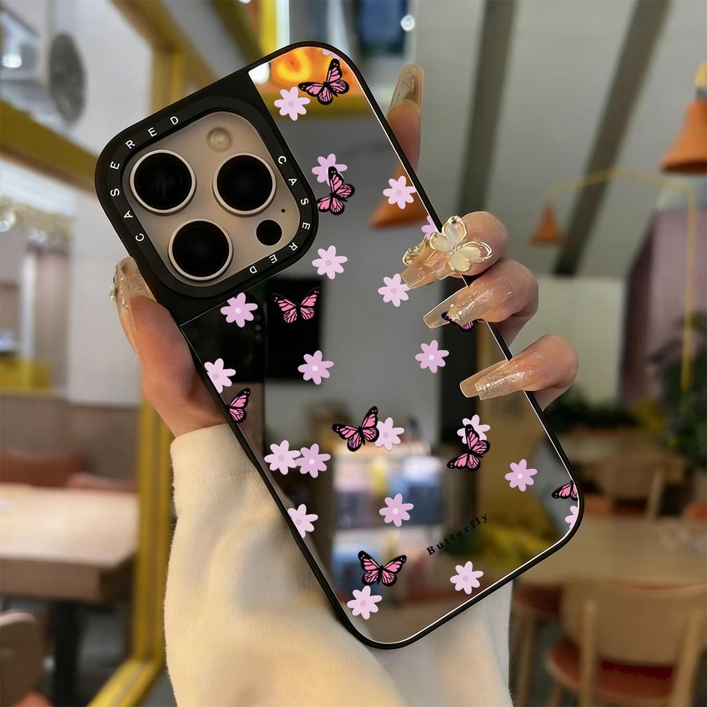 Pink butterfly floral printed mirror phone case suitable for iPhone 17 16 15 14 13 12 11 Pro/Max/Plus anti drop and shockproof