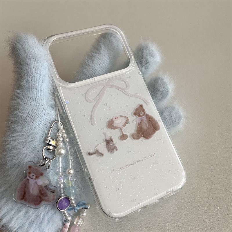 Glitter Cat and Bear Dessert Phone Case for iPhone 17/16 Pro Max/15/14 - Women's Edition