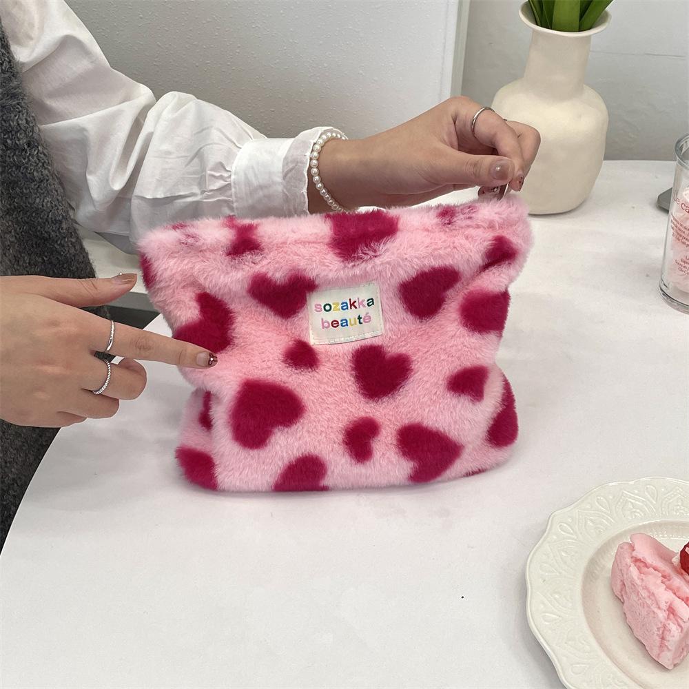 Ins Wind Winter Plush Cosmetic Bag Color Polka Dot Large Capacity Travel Skin Care Cosmetics Storage Bag Women