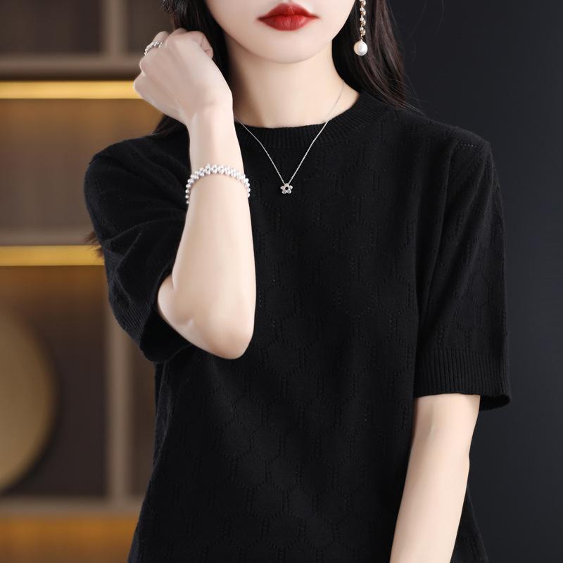 Crew Neck Hollow Knitted Short-sleeved Summer New Solid Color Loose T-shirt Thin Hollow Vest Half-sleeved Top
