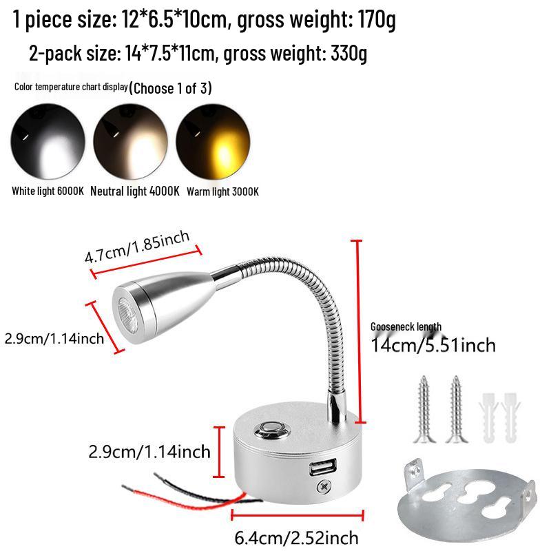 LED Touch Dimming RV Yacht USB Interior Reading Light, 3W, 12V
