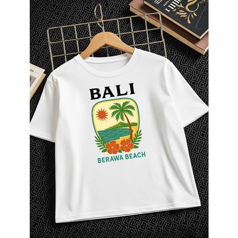 European sizes Bali Beach Hibiscus Palm Cotton Boys T-Shirt Boys Creative T-Shirt, Casual Weight Comfortable Short Sleeve Top 110 белый