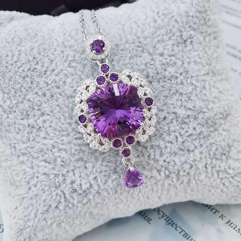 Sace Gems Colier cu pandantiv cu ametist natural de 13 mm din argint S925 pentru petrecere de cocktail de logodna pentru femei. Bijuterii fine