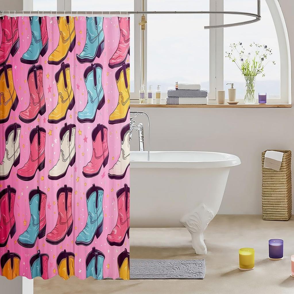 Cowboy Boots Woman Lshower Curtain Colorful Cowgirl Boots Bathroom Shower Curtain Sets,Stars Glitter Decorations Fabric Shower