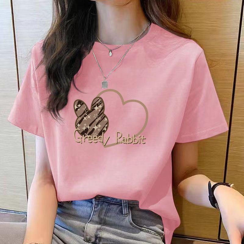 Women's T-shirt, women's round neck loose fashionable printed T-shirt, cartoon top for summer