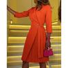 Damen Midi Kleid POLO-Kragen 3/4 Ärmel Modekleid Lässig Kordelzug Plissee Kleid