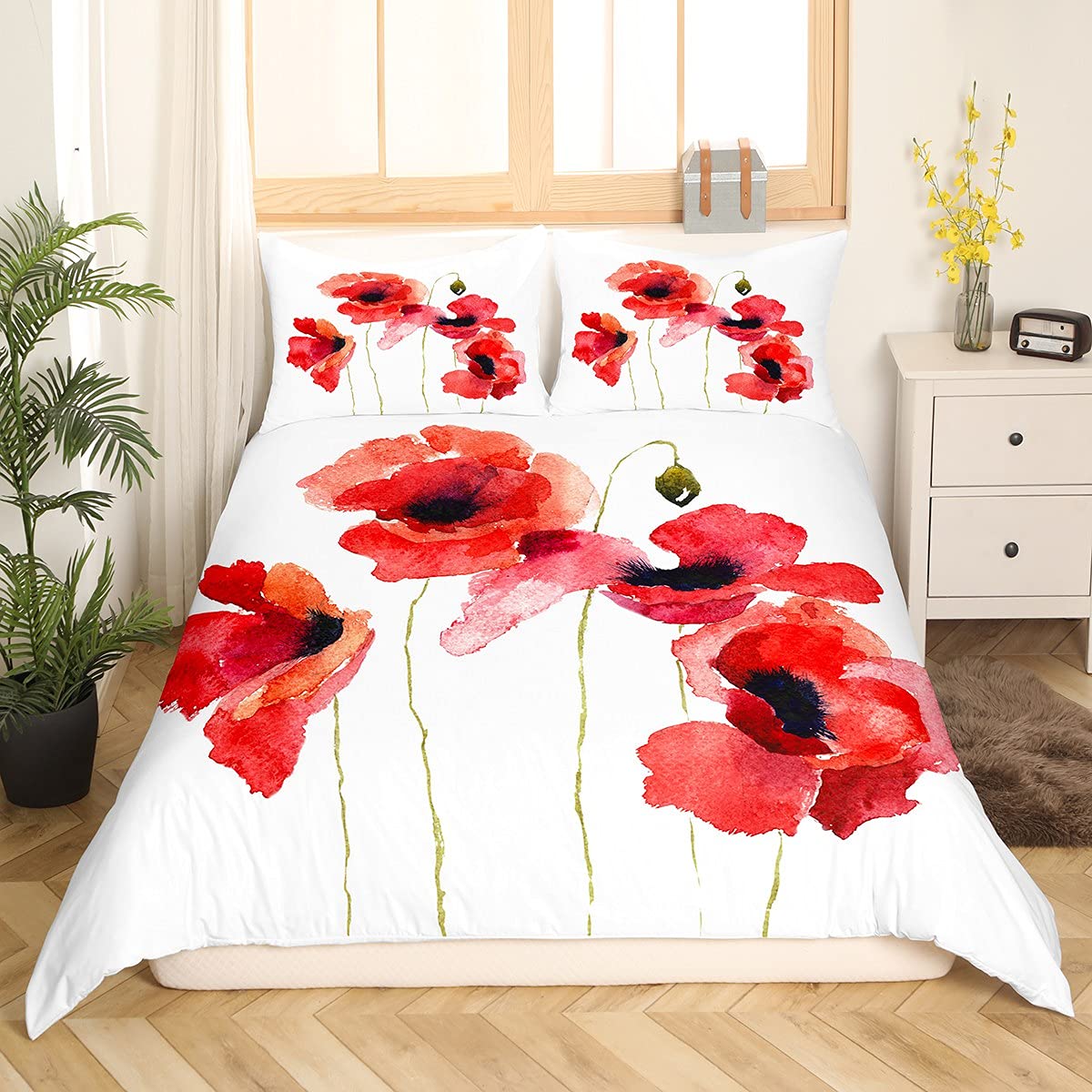 

Квітковий підодіяльник Квіти маку Яскраві пелюстки Бутони Пасторальна чистота Природний дизайн Декоративна постільна білизна Червоно-зелений для дорослих жінок 70x133cm 2pcs