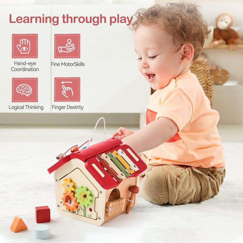 Montessori Children Toy Educational Wooden Baby Toys Creative Games Baby Wooden Blocks For 0 12 Months Cartoon House Busy Box