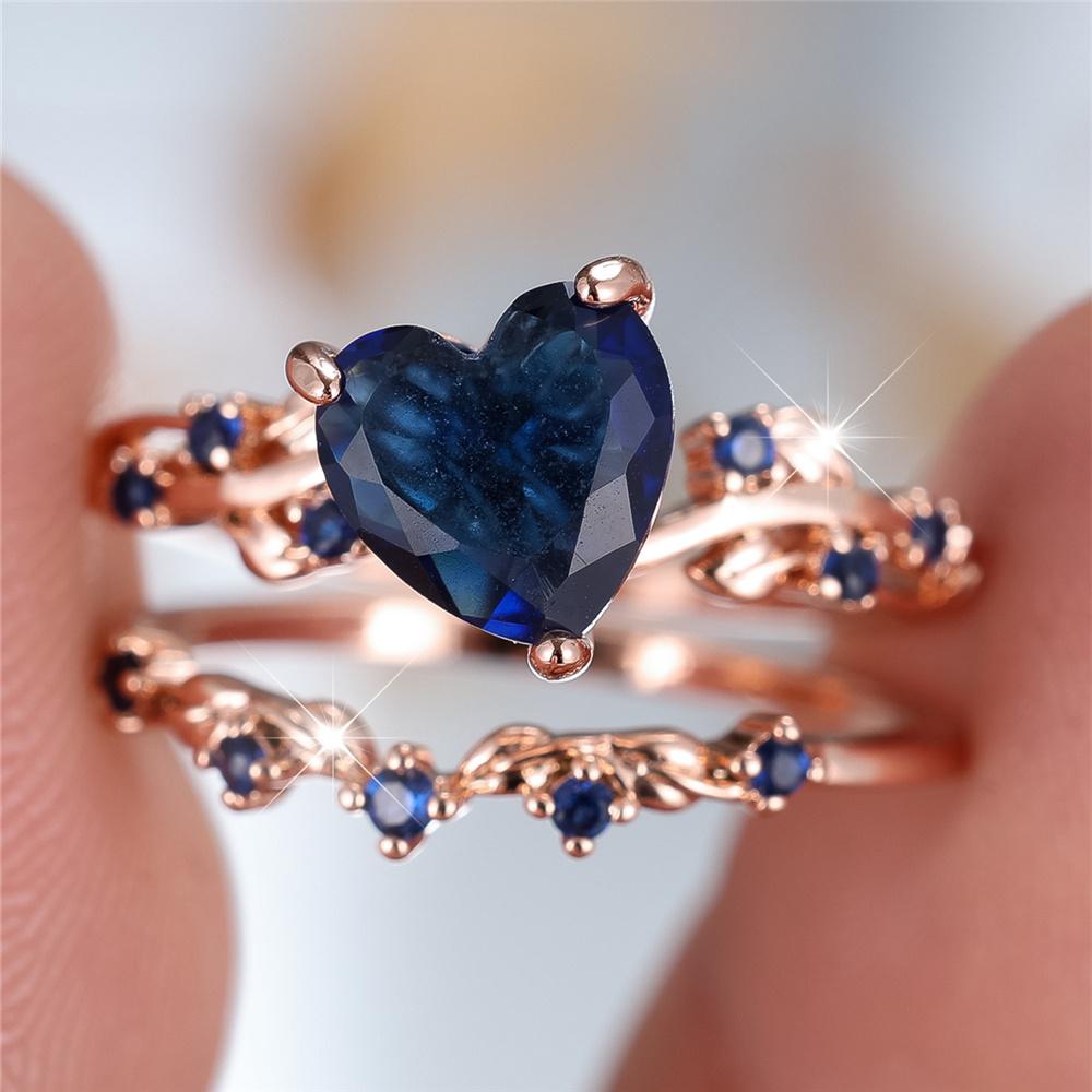 Dámský zásnubní prstenový set ve tvaru srdce s modrým zirkonem, vintage růžové zlato, snubní prsteny, párty šperky pro ženy