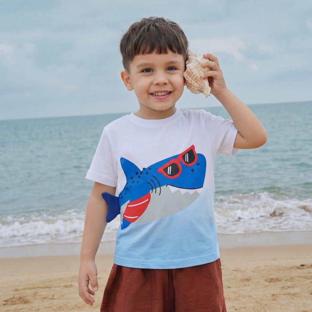 New Summer Collection: Boys’ T-shirts, Round-neck Children’s Short-sleeved T-shirts, Knitted Cotton Children’s Sweatshirts with Shark Print