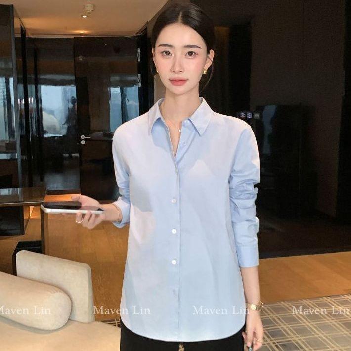 2026 Spring Women s Minimalist Light Blue Loose Long Sleeve Lapel Shirt S