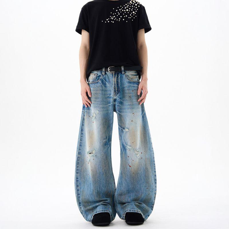 

Kisko American High Street Dirty-Dyed Ripped Washed Curved Knife-Cut Jeans for Men and Women, Designer Loose Trendy Brand Pants Blue XL