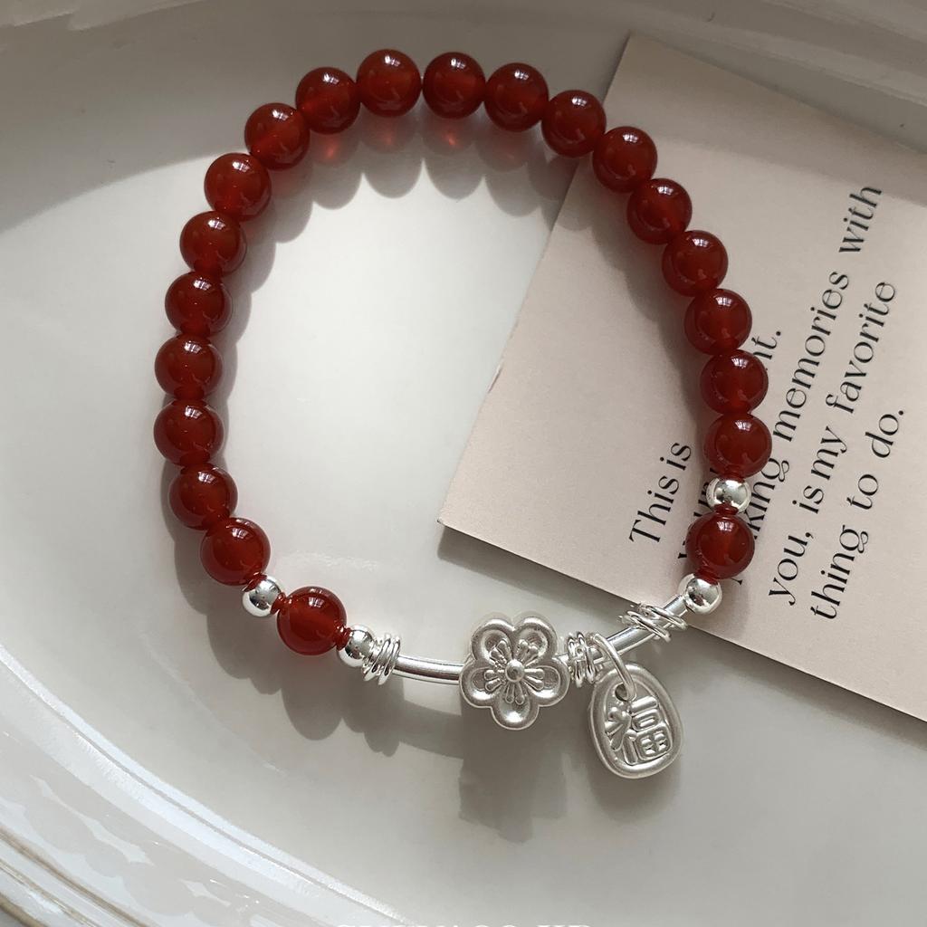 VENTFILLE 925 Sterling Silve Red Agate Bracelet for Women Flower Pendant Lucky Bead Originality Jewelry Gift Dropshipping
