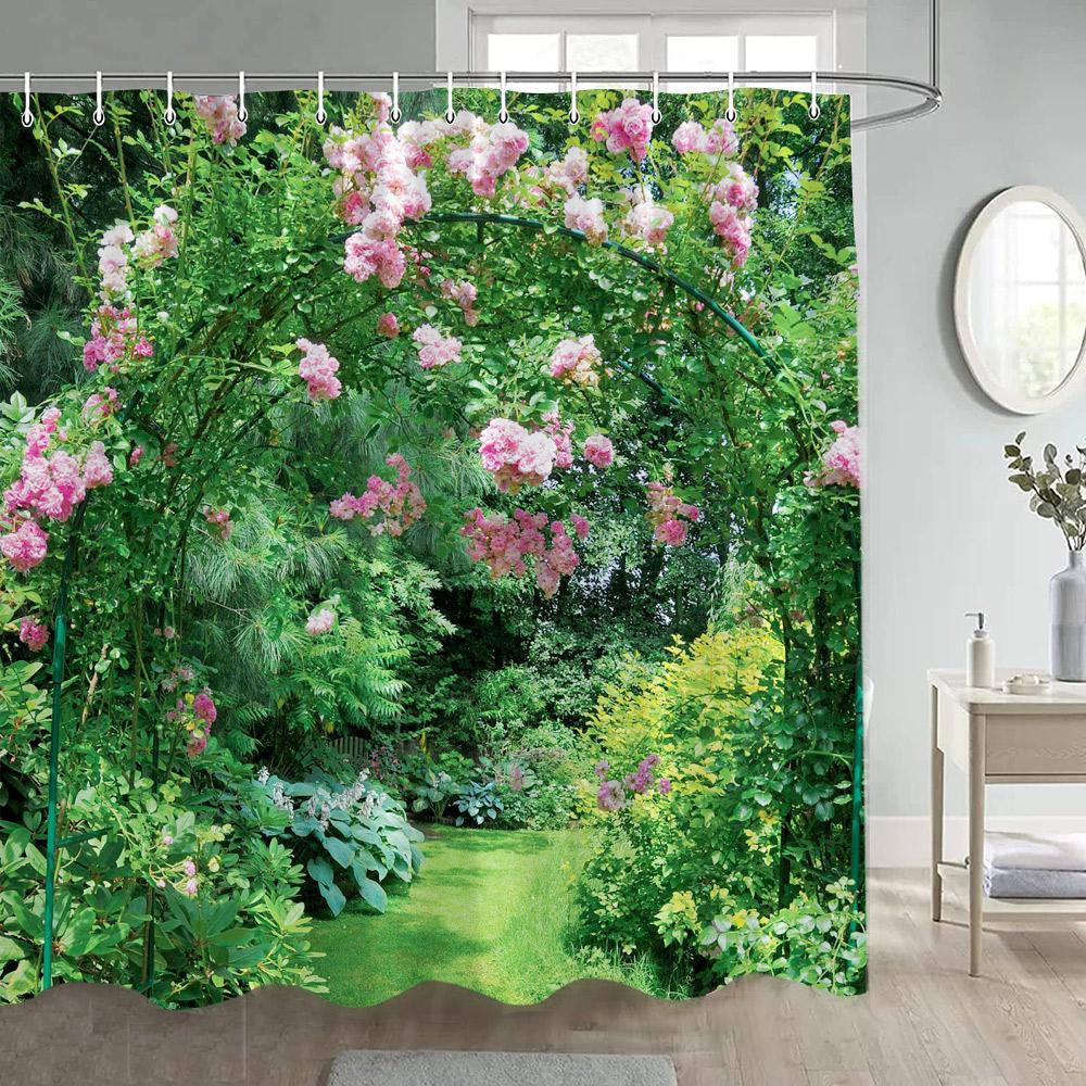 Garden Flowers Scenery Shower Curtains Natural Rustic Pink Floral Plant Modern Wall Hanging Polyester Bathroom Curtain Decor Set